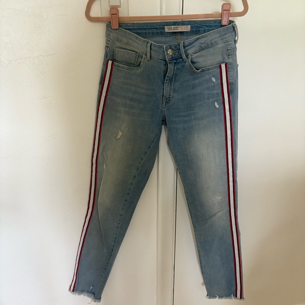 Zara Light Blue Jeans with Red Stripe
